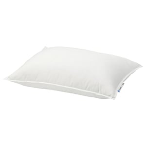 A white VILDKORN pillow, rectangular, with soft yet firm fill, featuring cotton and polyester blend material, suitable for stomach sleepers.