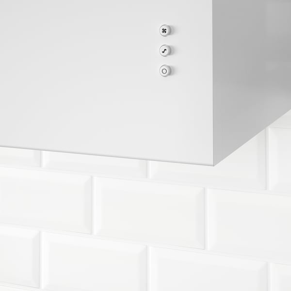 Modern kitchen hood with sleek white design and accessible control panel.