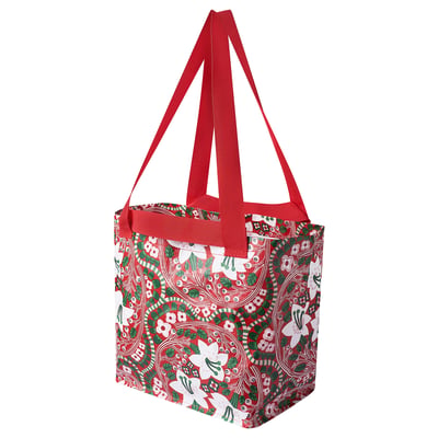 A VINTERFINT red shopping tote bag with green and white floral design, made of recycled polypropylene, rectangular shape, sturdy handles.