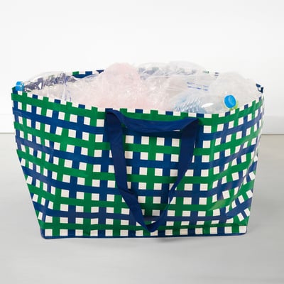 VINTERFINT Carrier bag, large, green blue/check, 57x37x39 cm/71 l