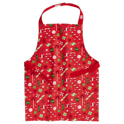 VINTERFINT red holiday apron, cotton, festive candy print.