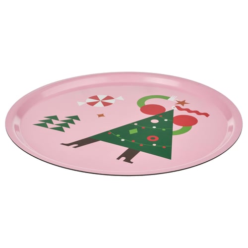 Round pink christmas tray with green tree and candy design.