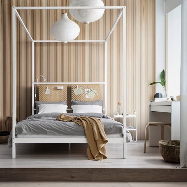 VITARNA Four-poster bed frame, white Lillhällan/Skådis wood, 140x200 cm