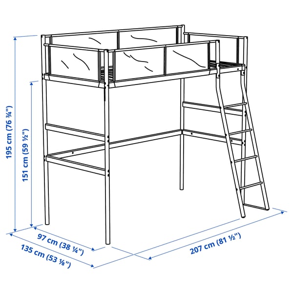 VITVAL Loft bed frame, white/light grey, 90x200 cm