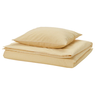 Chequered bedding set, yellow, folded - viscose/cotton