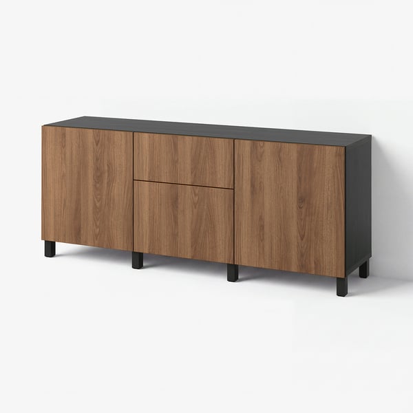 BESTÅ ベストー 収納コンビネーション 引き出し付, ブラックブラウン ラップヴィーケン/ストゥッバルプ/ブラウン ウォールナット調, 180x42x74 cm