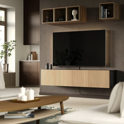 BESTÅ ベストー テレビ台 扉付き, ブラックブラウン ビョルケヴィーケン/オーク材突き板, 180x42x38 cm