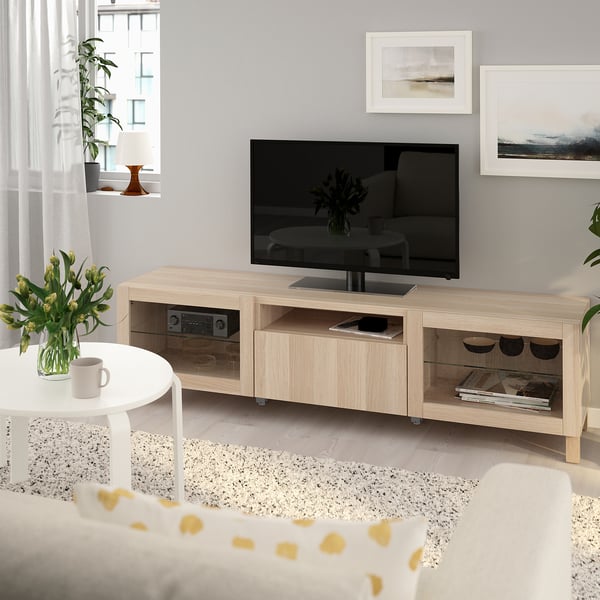 BESTÅ ベストー テレビ台 ラップヴィーケン, シンドヴィーク ホワイトステインオーク調 クリアガラス IKEA