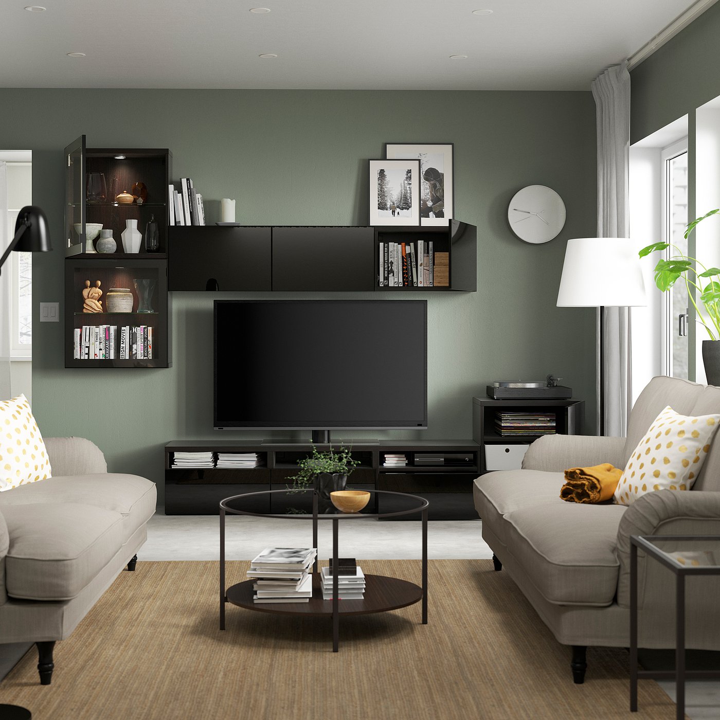 BESTÅ ベストー テレビボード/ガラス扉, ブラックブラウン/セルス