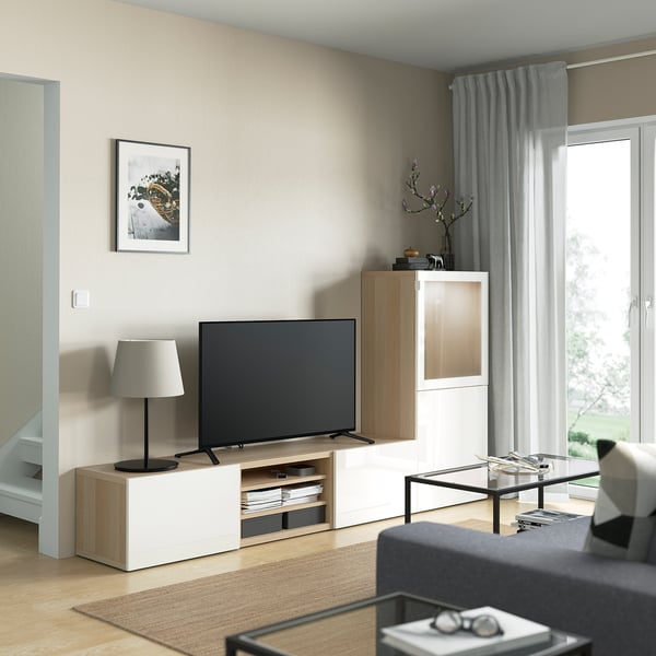 Besta ベストー テレビボード ガラス扉 ホワイトステインオーク調 セルスヴィーケン ハイグロス ホワイトフロストガラス 240x42x129 Cm Ikea