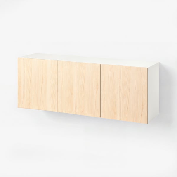 BESTÅ ベストー 壁取り付け式キャビネットコンビネーション, ホワイト/フェーンリク アッシュ, 180x42x64 cm