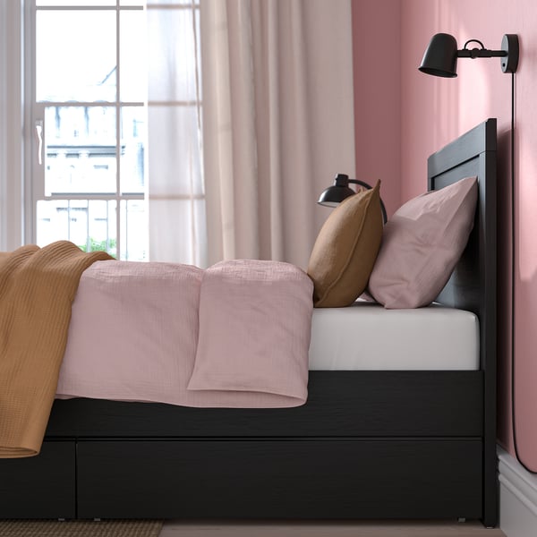 FÅGELFJÄLLET フォーゲルフィェレット ベッドフレーム 収納ボックス2個付き, ブラック オーク調/ロンセット, 90x200 cm
