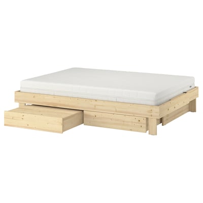 GLAMBERGET グラムベルゲット ベッドフレーム 収納＋マットレス付き, パイン材/オークレハムン ふつう, 120x200 cm