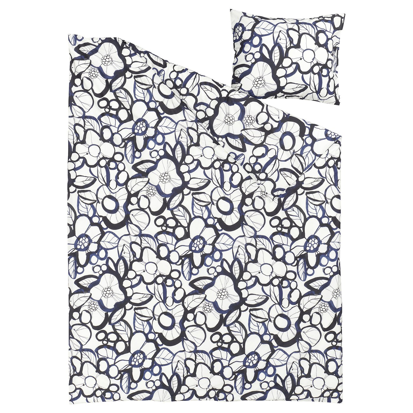 HÄRLIR ヘールリル 掛け布団カバー＆枕カバー, ホワイト ブラック/ブルー フローラルパターン, 150x200/50x60 cm