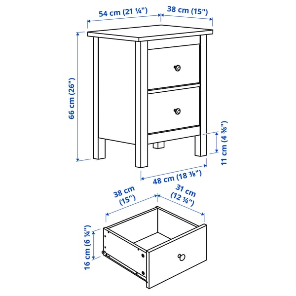 HEMNES ヘムネス チェスト（引き出し×2）, ホワイトステイン, 54x66 cm 