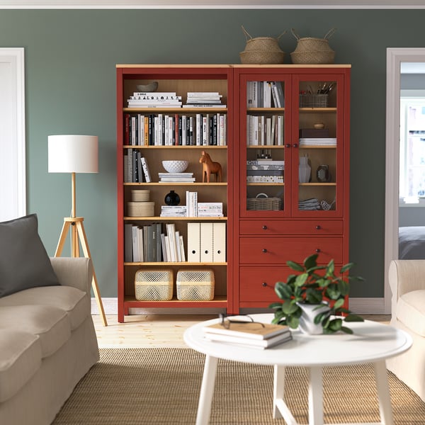 HEMNES ヘムネス 収納コンビネーション 扉/引き出し付き, レッド 
