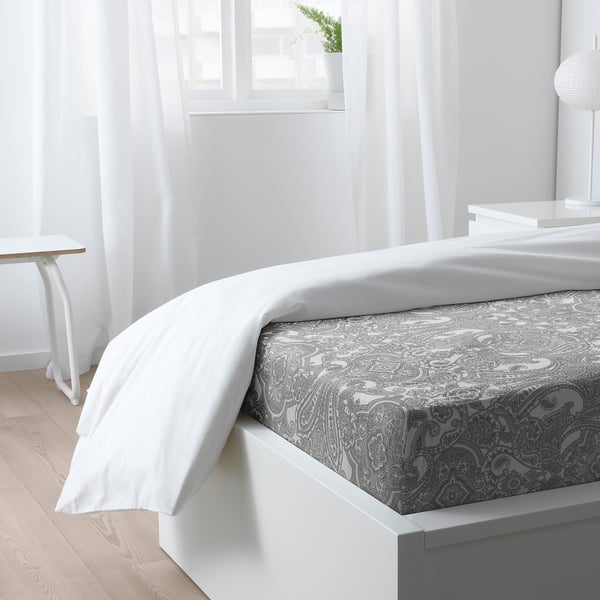 Jattevallmo イェッテヴァッルモ ボックスシーツ ホワイト グレー 90x0 Cm Ikea