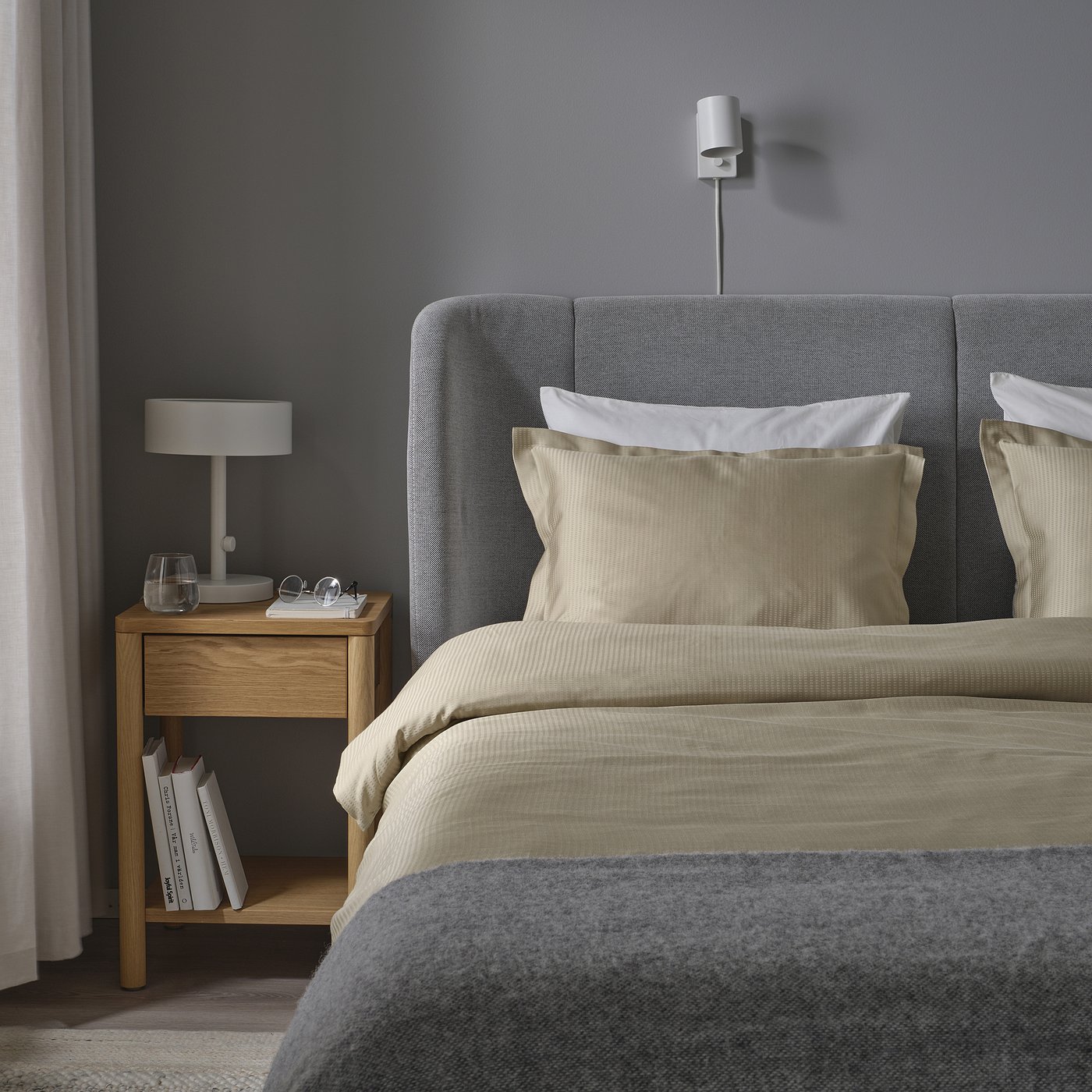 IKEA 未使用ボックスシーツと掛けカバー、枕カバーの4点セット DVALA ドヴァーラ ボックスシーツ, グレーグリーン, 90x200 cm - IKEA