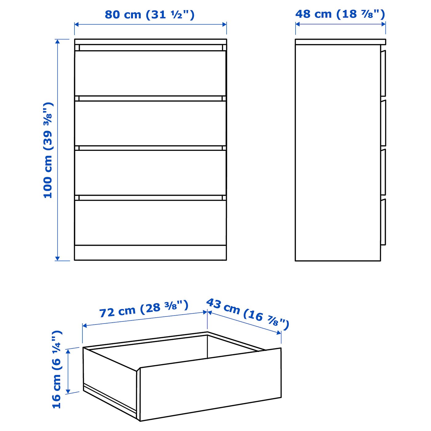 Malm マルム チェスト 引き出し 4 ブラウンステイン アッシュ材突き板 80x100 Cm Ikea