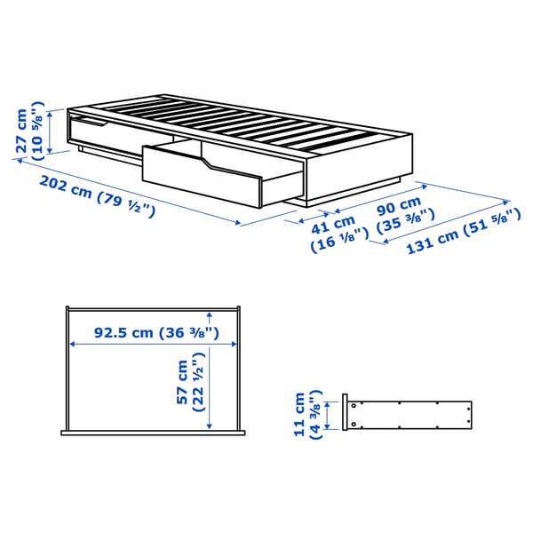 MANDAL マンダール ベッドフレーム 収納付き, バーチ/ホワイト, 90x200 cm