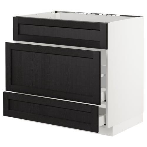 METOD メトード ベースキャビネット シンク用+引き出し前部3/引き出し2, ホワイト マキシメーラ/レルヒッタン ブラックステイン, 90x60x80 cm