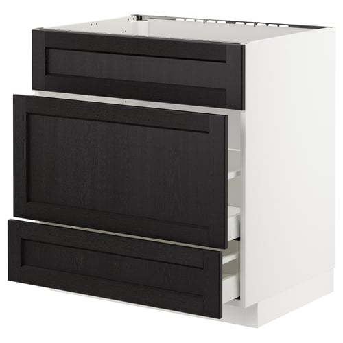 METOD メトード ベースキャビネット シンク用+引き出し前部3/引き出し2, ホワイト マキシメーラ/レルヒッタン ブラックステイン, 80x60x80 cm