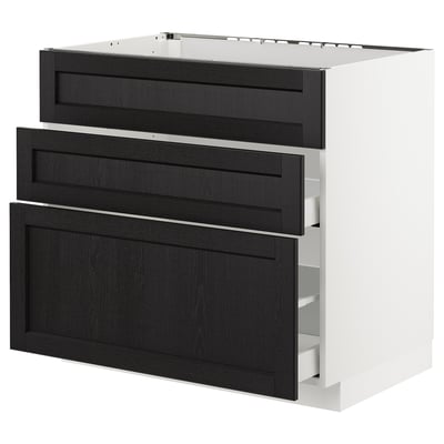 METOD メトード ベースキャビネット シンク用+引き出し前部3/引き出し2, ホワイト マキシメーラ/レルヒッタン ブラックステイン, 90x60x80 cm