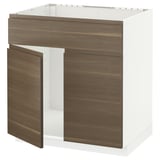 METOD メトード ベースキャビネット シンク用 扉2枚/引き出し前部付き, ホワイト/ヴォックストルプ ウォールナット調, 80x60x80 cm