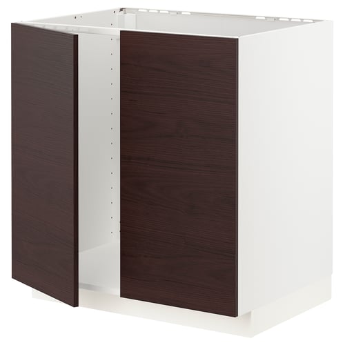METOD メトード ベースキャビネット シンク用+扉2枚, ホワイト アスケルスンド/ダークブラウン アッシュ調, 80x60x80 cm
