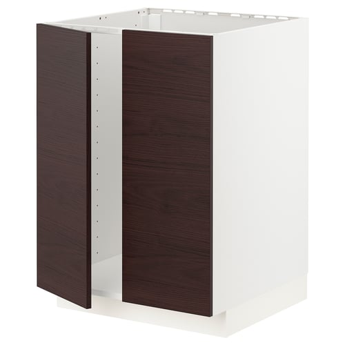 METOD メトード ベースキャビネット シンク用+扉2枚, ホワイト アスケルスンド/ダークブラウン アッシュ調, 60x60x80 cm
