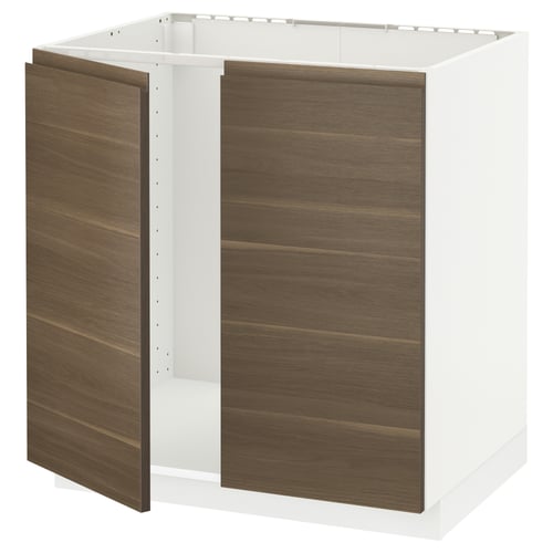 METOD メトード ベースキャビネット シンク用+扉2枚, ホワイト/ヴォックストルプ ウォールナット調, 80x60x80 cm