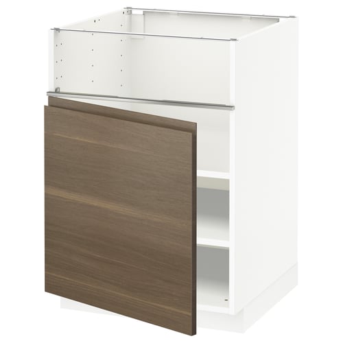 METOD メトード ベースキャビネット コンロ用/フィッシュグリル/扉, ホワイト/ヴォックストルプ ウォールナット調, 60x60x80 cm