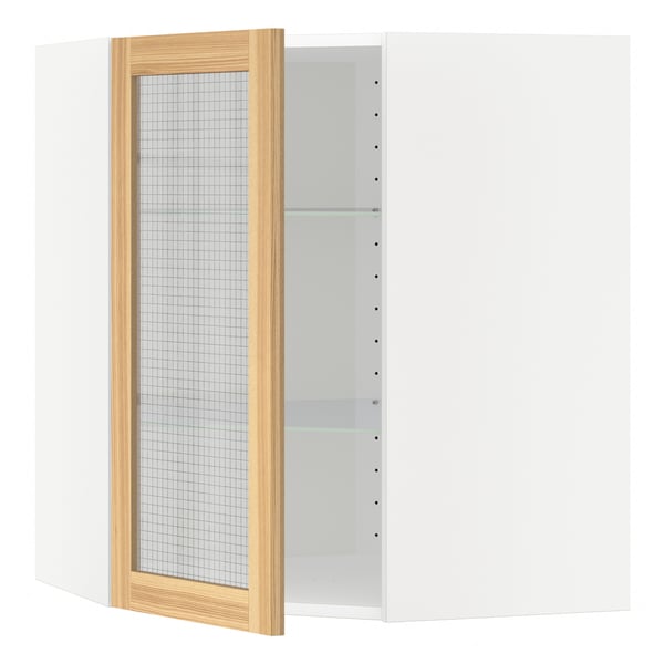 Metod メトード コーナーウォールキャビネット 棚板 ガラス扉付き ホワイト トルハムン アッシュ 68x68x80 Cm Ikea