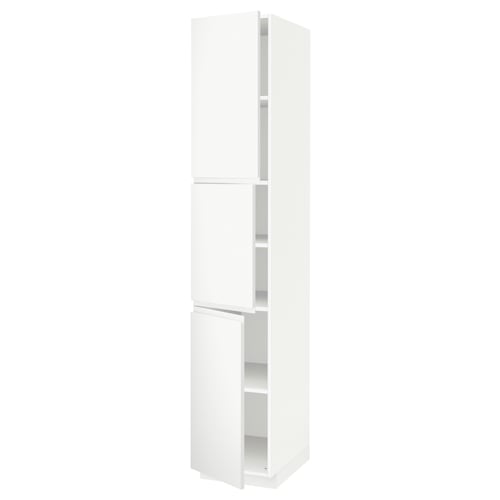 METOD メトード ハイキャビネット 棚板/扉3枚付き, ホワイト/ヴォックストルプ マットホワイト, 40x60x220 cm