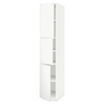 METOD メトード ハイキャビネット 棚板/扉3枚付き, ホワイト/ヴォックストルプ マットホワイト, 40x60x220 cm
