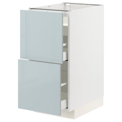 METOD メトード / MAXIMERA マキシメーラ ベースキャビネット コンロ用/引き出し前部2枚/引き出し3個, ホワイト/カッラルプ ライトグレーブルー, 40x60x80 cm