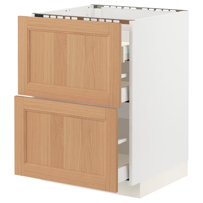 METOD メトード / MAXIMERA マキシメーラ ベースキャビネット コンロ用/引き出し前部2枚/引き出し3個, ホワイト/ヴェードハムン オーク, 60x60x80 cm