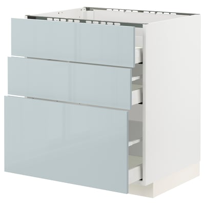 METOD メトード / MAXIMERA マキシメーラ ベースキャビネット コンロ用/引き出し前部3枚/引き出し3個, ホワイト/カッラルプ ライトグレーブルー, 75x60x80 cm