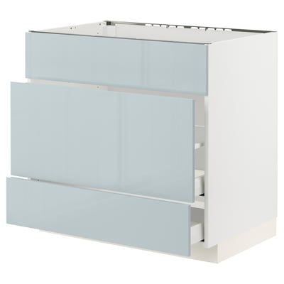METOD メトード / MAXIMERA マキシメーラ ベースキャビネット シンク用+引き出し前部3枚/引き出し2個, ホワイト/カッラルプ ライトグレーブルー, 90x60x80 cm