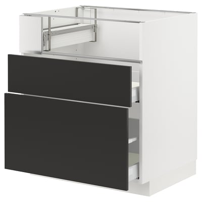 METOD メトード / MAXIMERA マキシメーラ ベースキャビネット コンロ/フィッシュグリル/引き出し2個, ホワイト/ニッケボー マットチャコール, 75x60x80 cm