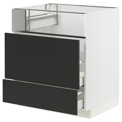 METOD メトード / MAXIMERA マキシメーラ ベースキャビネット コンロ/フィッシュグリル/引き出し2個, ホワイト/ニッケボー マットチャコール, 75x60x80 cm