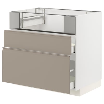 METOD メトード / MAXIMERA マキシメーラ ベースキャビネット コンロ/フィッシュグリル/引き出し2個, ホワイト/ウップローヴ マットダークベージュ, 90x60x80 cm