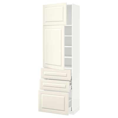 METOD メトード / MAXIMERA マキシメーラ ハイキャビネット 棚板/引き出し3個/扉2枚付き, ホワイト/ボードビーン オフホワイト, 60x41x200 cm