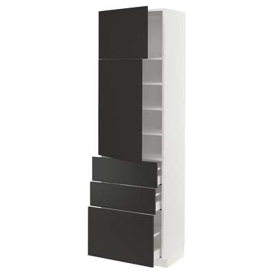 METOD メトード / MAXIMERA マキシメーラ ハイキャビネット 棚板/引き出し3個/扉2枚付き, ホワイト/ニッケボー マットチャコール, 60x41x200 cm