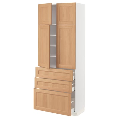 METOD メトード / MAXIMERA マキシメーラ ハイキャビネット 棚板/引き出し3個/扉4枚付き, ホワイト/ヴェードハムン オーク, 80x41x200 cm