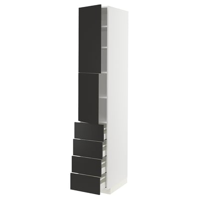 METOD メトード / MAXIMERA マキシメーラ ハイキャビネット 棚板/引き出し4個/扉2枚付き, ホワイト/ニッケボー マットチャコール, 40x60x220 cm