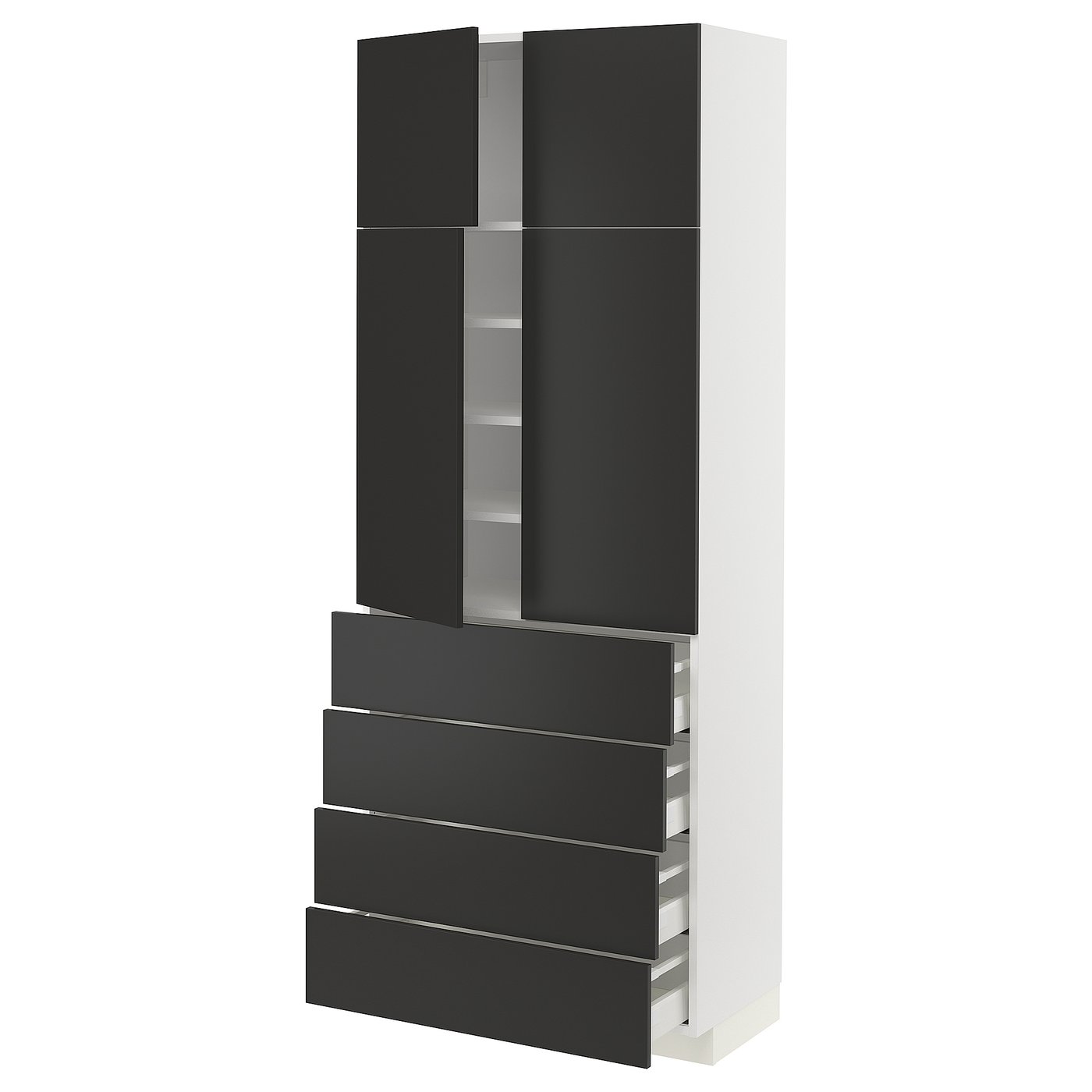 METOD メトード / MAXIMERA マキシメーラ ハイキャビネット 棚板/引き出し4個/扉4枚付き, ホワイト/ニッケボー マットチャコール, 80x41x200 cm 