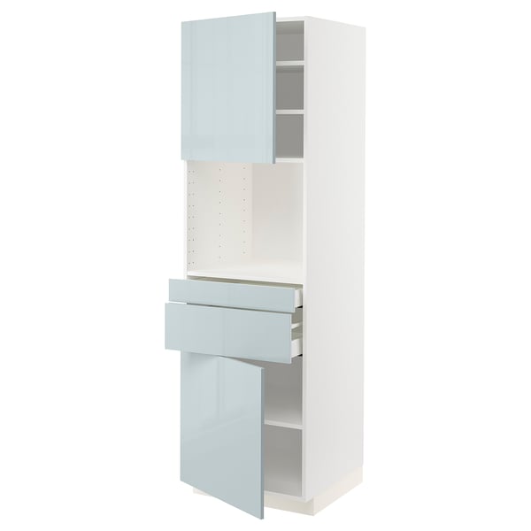METOD メトード / MAXIMERA マキシメーラ ハイキャビネット 電子レンジ用 引き出し2個/扉2枚付き, ホワイト/カッラルプ ライトグレーブルー, 60x60x200 cm