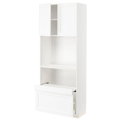 METOD メトード / MAXIMERA マキシメーラ ハイキャビネット 引き出し式シェルフ/引き出し/扉2枚付き, ホワイト エンコーピング/ホワイト 木目調, 80x41x200 cm