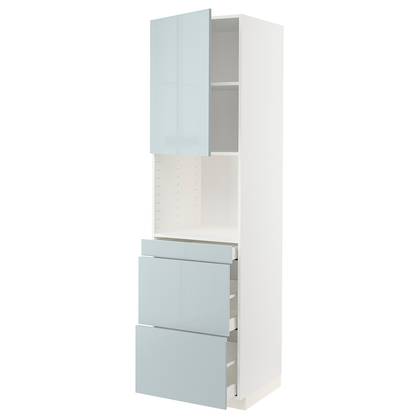 METOD メトード / MAXIMERA マキシメーラ ハイキャビネット 電子レンジ用 扉/引き出し3個付き, ホワイト/カッラルプ ライトグレーブルー, 60x60x220 cm 
